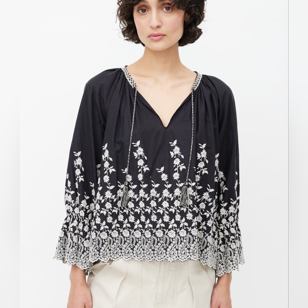 ULLA JOHNSON Sonya Blouse Black Boho Tassel Embroidered Ruffled Poplin Top